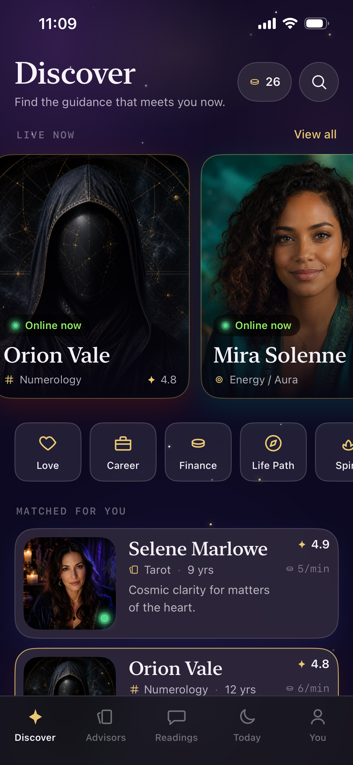 AuraNova Discover screen showing live advisors