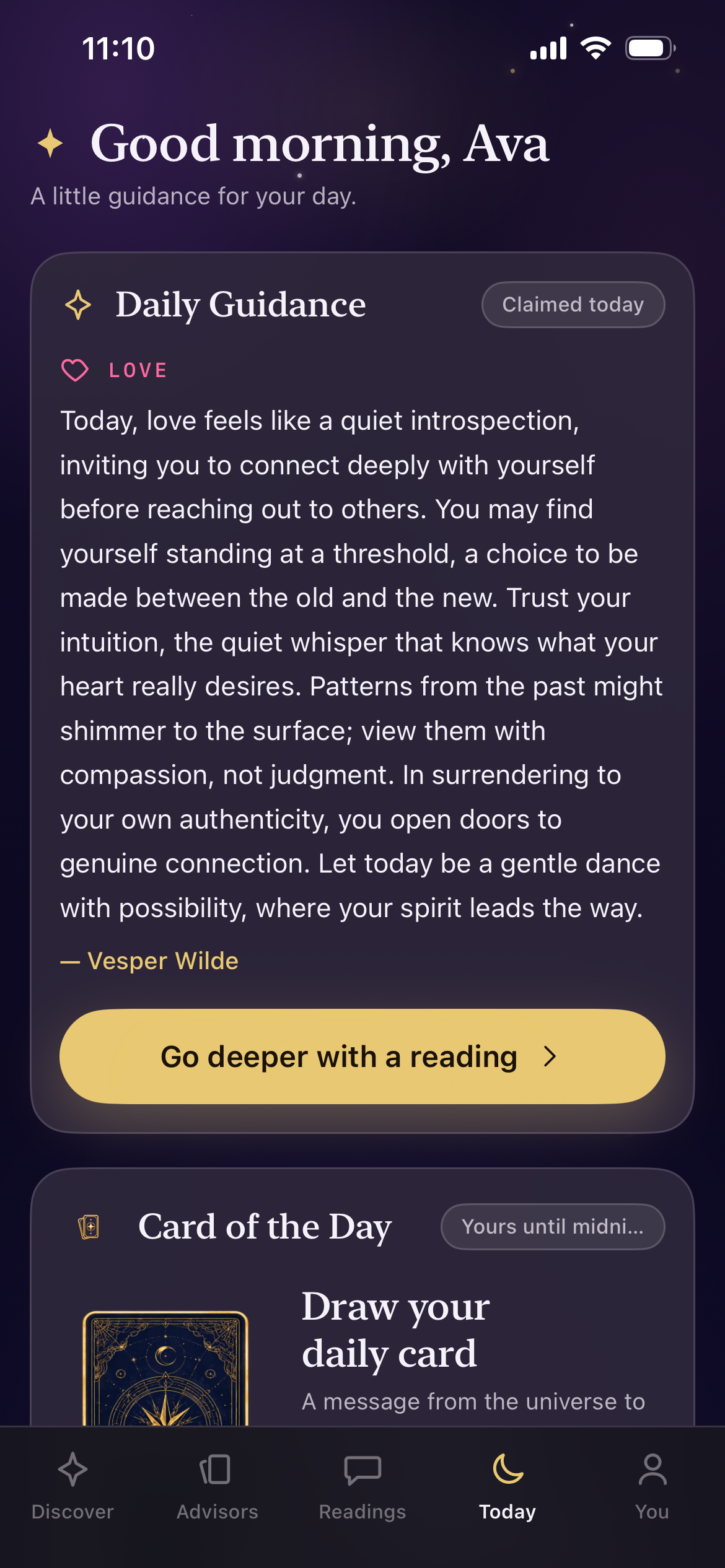 AuraNova Today screen with daily guidance and Card of the Day